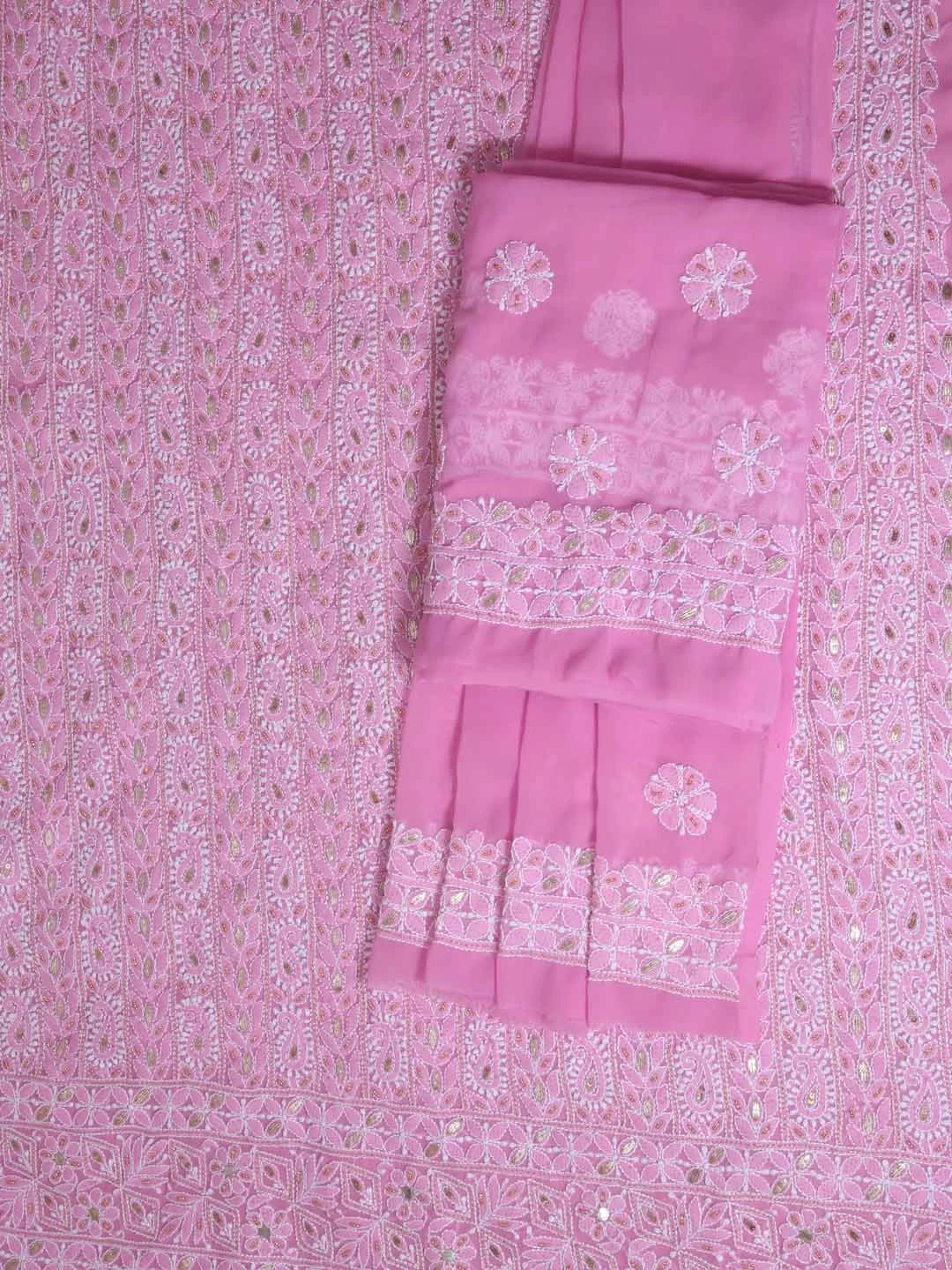 Ada Hand Embroidered Pink Georgette Lucknowi Chikankari Unstitched Suit Piece With Gota Patti Work 01A409084