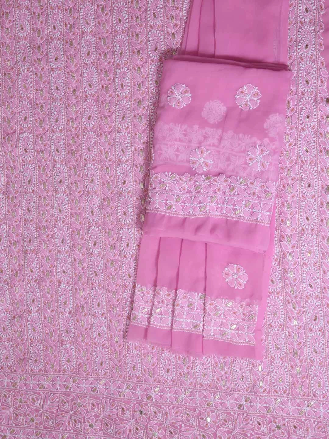 Ada Hand Embroidered Pink Georgette Lucknowi Chikankari Unstitched Suit Piece With Gota Patti Work 01A409084