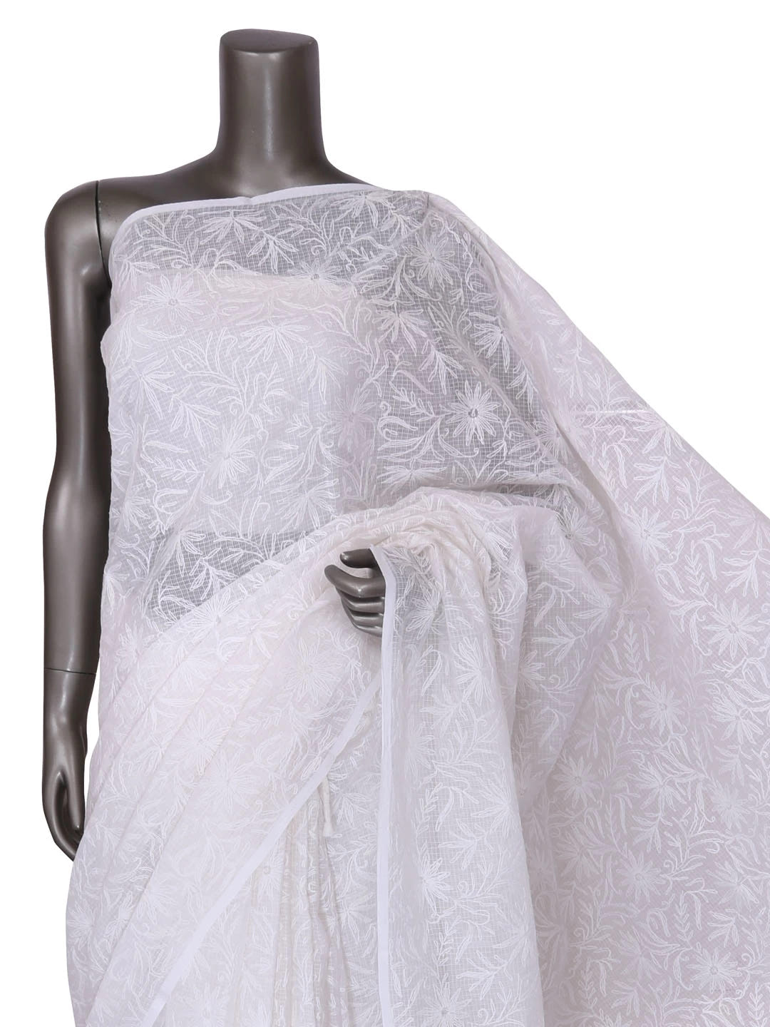 Ada Hand Embroidered White Kota Lucknowi Chikankari Saree With Blouse 01A361674