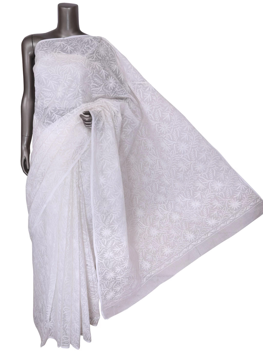 Ada Hand Embroidered White Kota Lucknowi Chikankari Saree With Blouse 01A361674