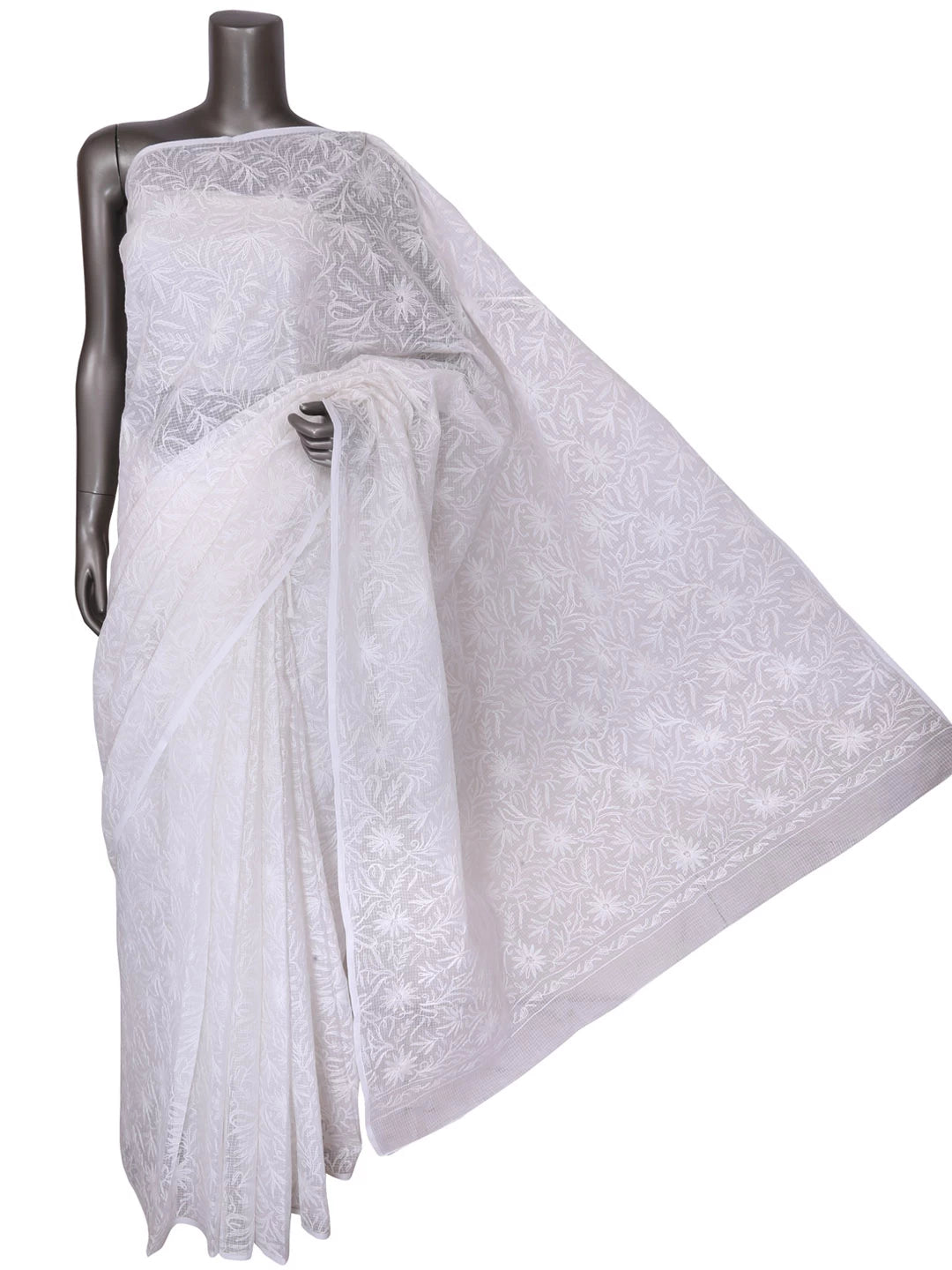 Ada Hand Embroidered White Kota Lucknowi Chikankari Saree With Blouse 01A361674