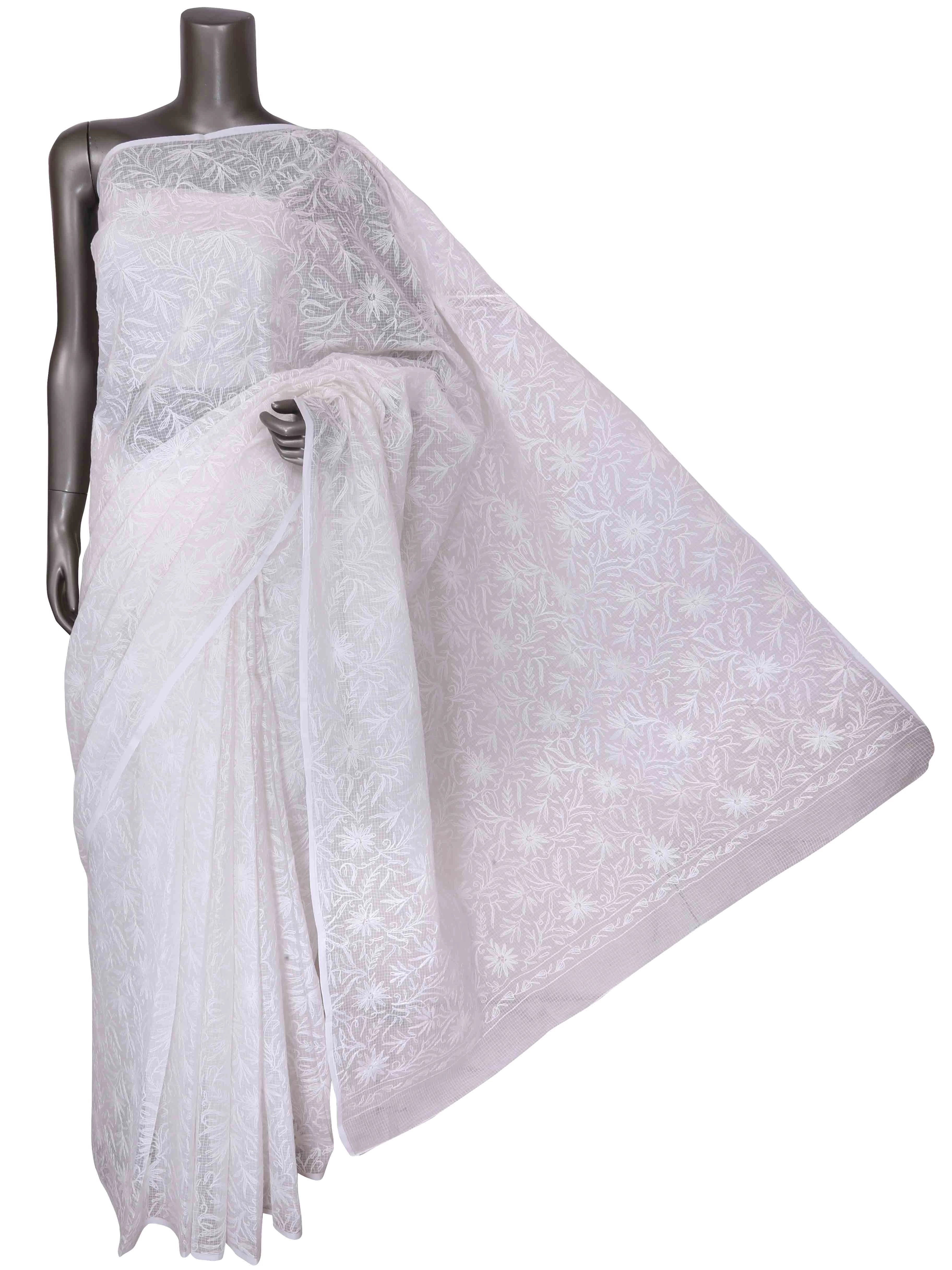 Ada Hand Embroidered White Kota Lucknowi Chikankari Saree With Blouse 01A361674
