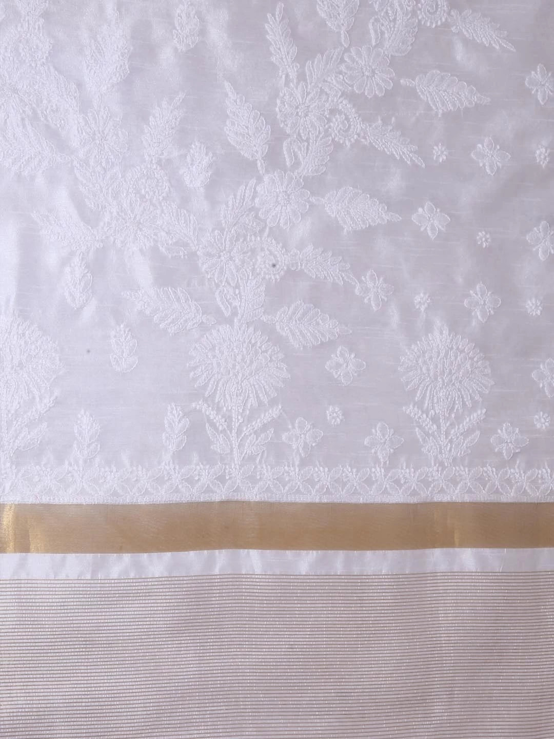 Ada Hand Embroidered White Chanderi Lucknowi Chikankari Saree With Blouse 01A339335