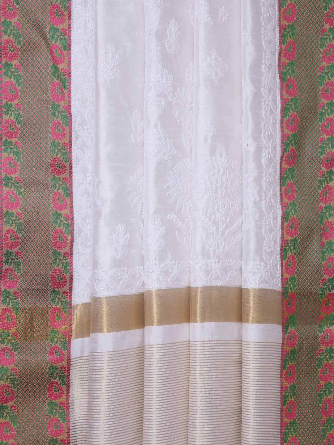 Ada Hand Embroidered White Chanderi Lucknowi Chikankari Saree With Blouse 01A339335