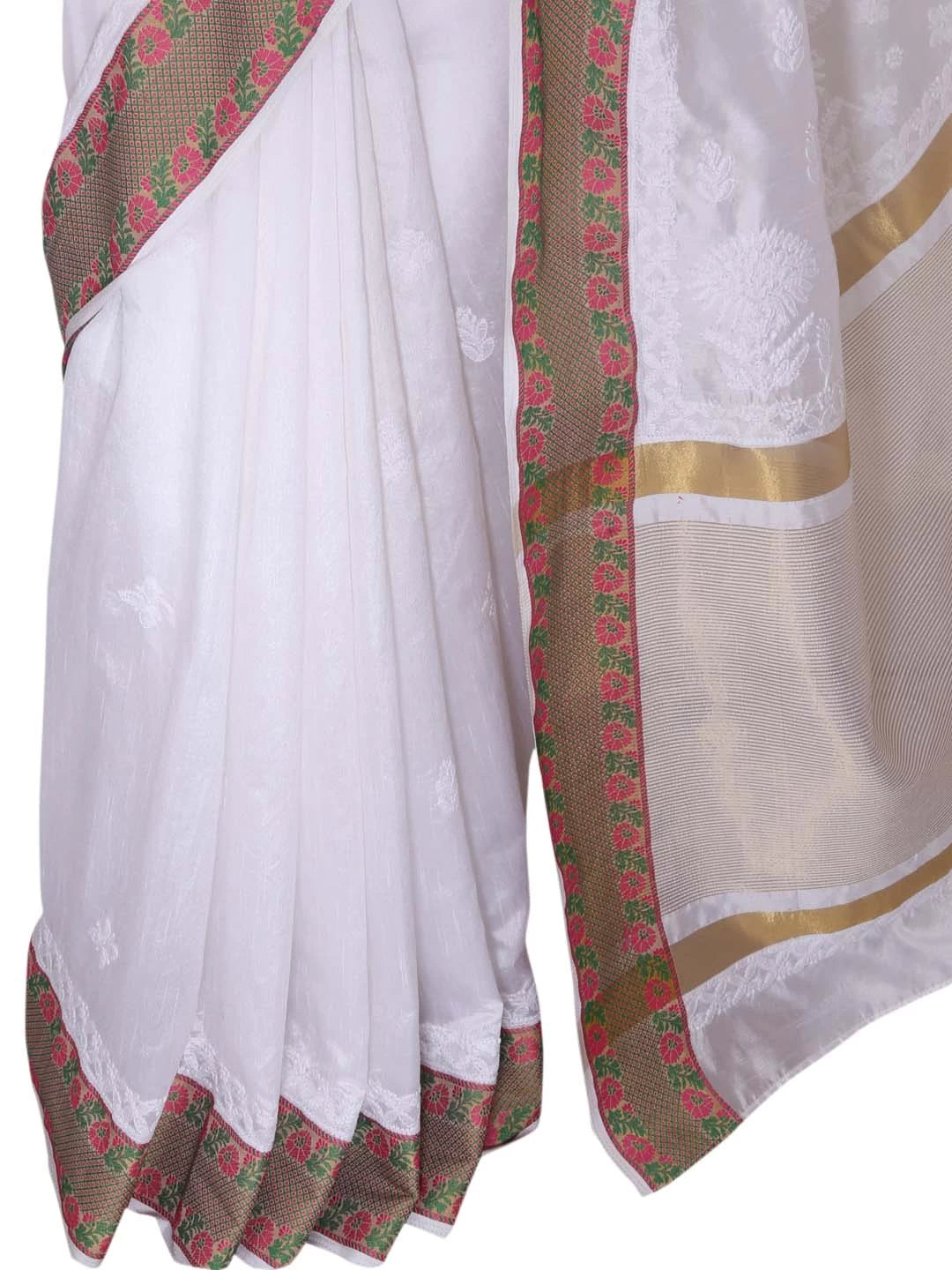 Ada Hand Embroidered White Chanderi Lucknowi Chikankari Saree With Blouse 01A339335