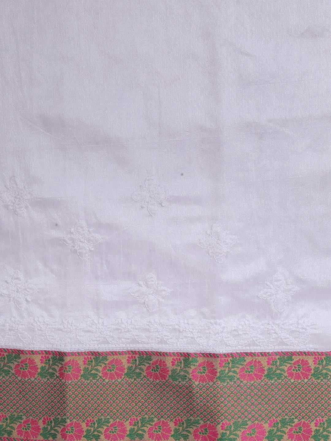 Ada Hand Embroidered White Chanderi Lucknowi Chikankari Saree With Blouse 01A339335