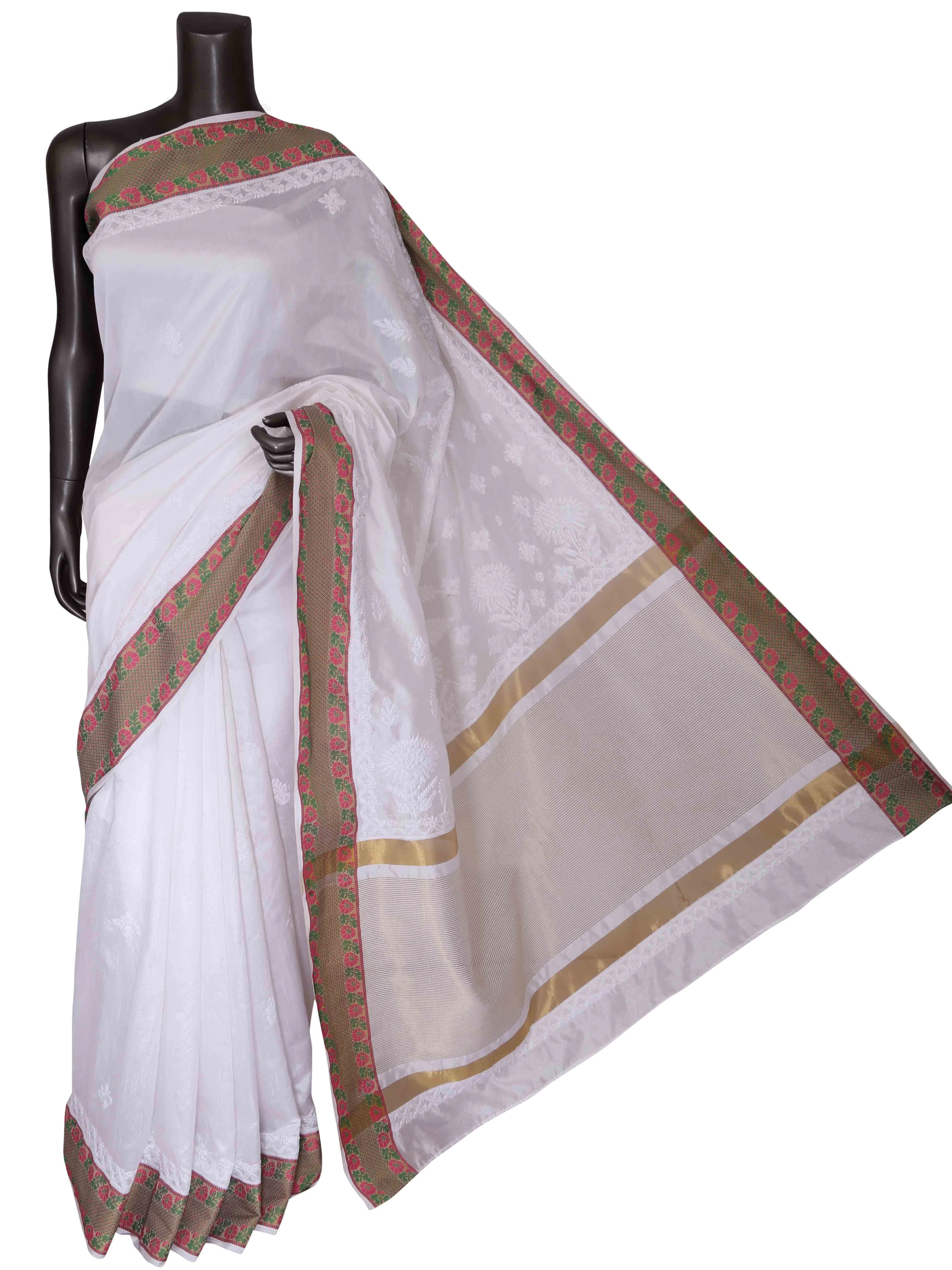 Ada Hand Embroidered White Chanderi Lucknowi Chikankari Saree With Blouse 01A339335
