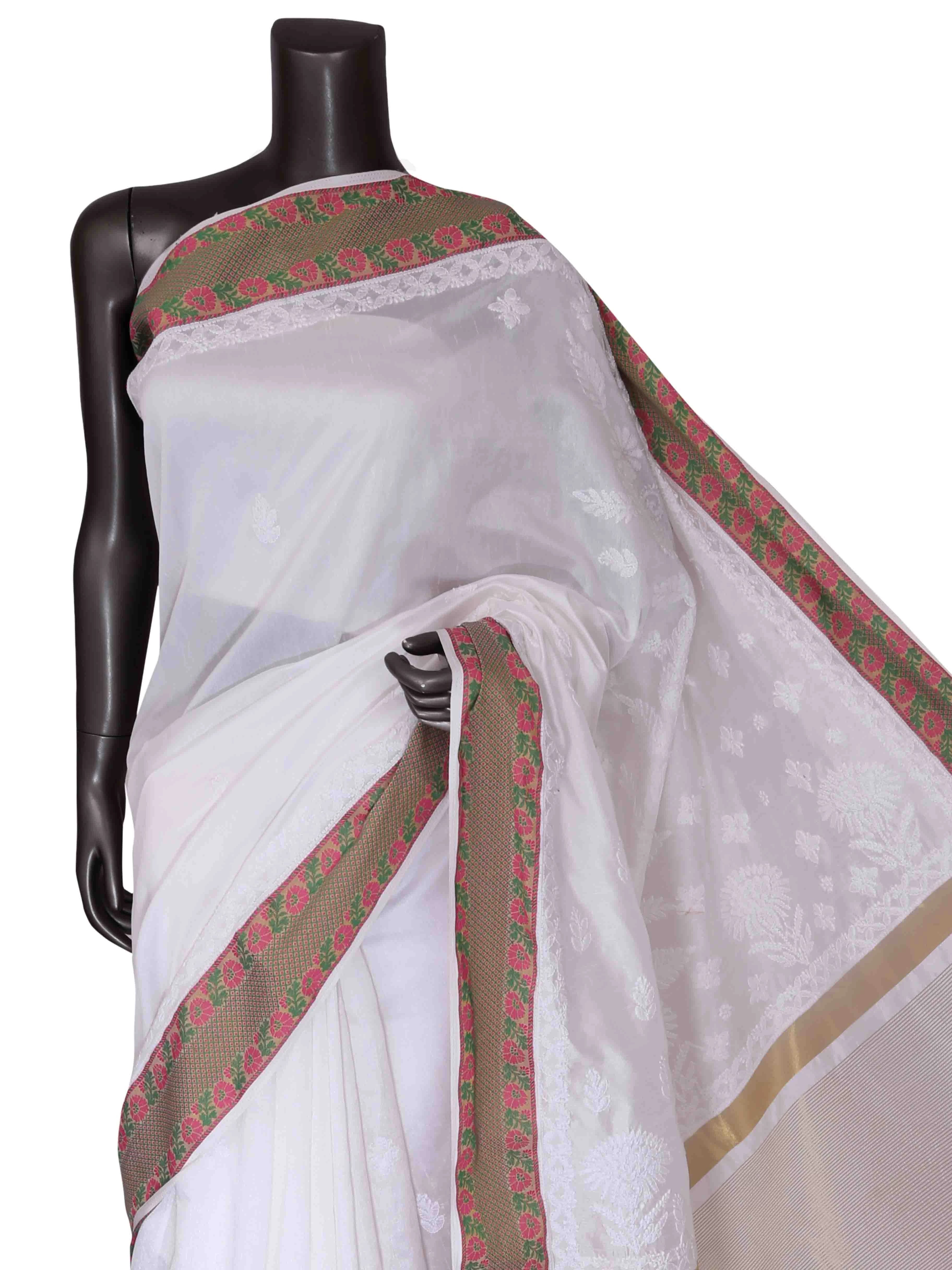 Ada Hand Embroidered White Chanderi Lucknowi Chikankari Saree With Blouse 01A339335