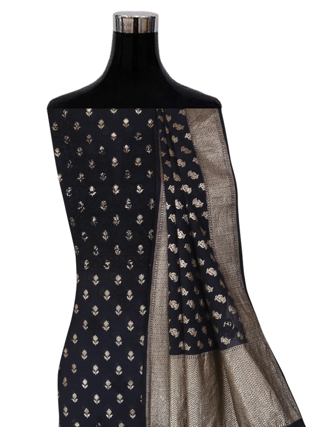 Ada Hand Embroidered Black Chanderi Lucknowi Chikankari Unstitched Kurta Dupatta Set With Zari Work 01A24455