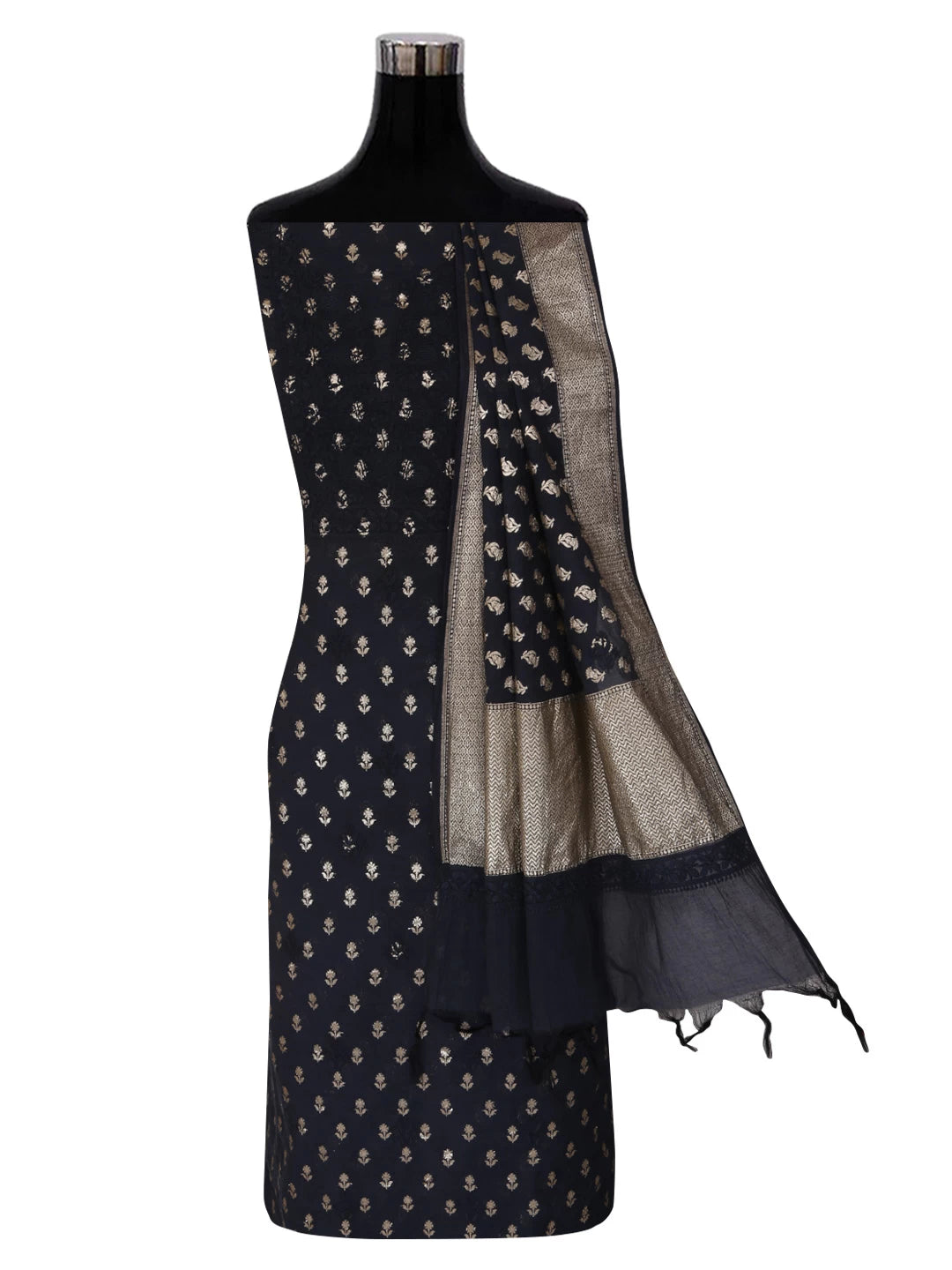 Ada Hand Embroidered Black Chanderi Lucknowi Chikankari Unstitched Kurta Dupatta Set With Zari Work 01A24455