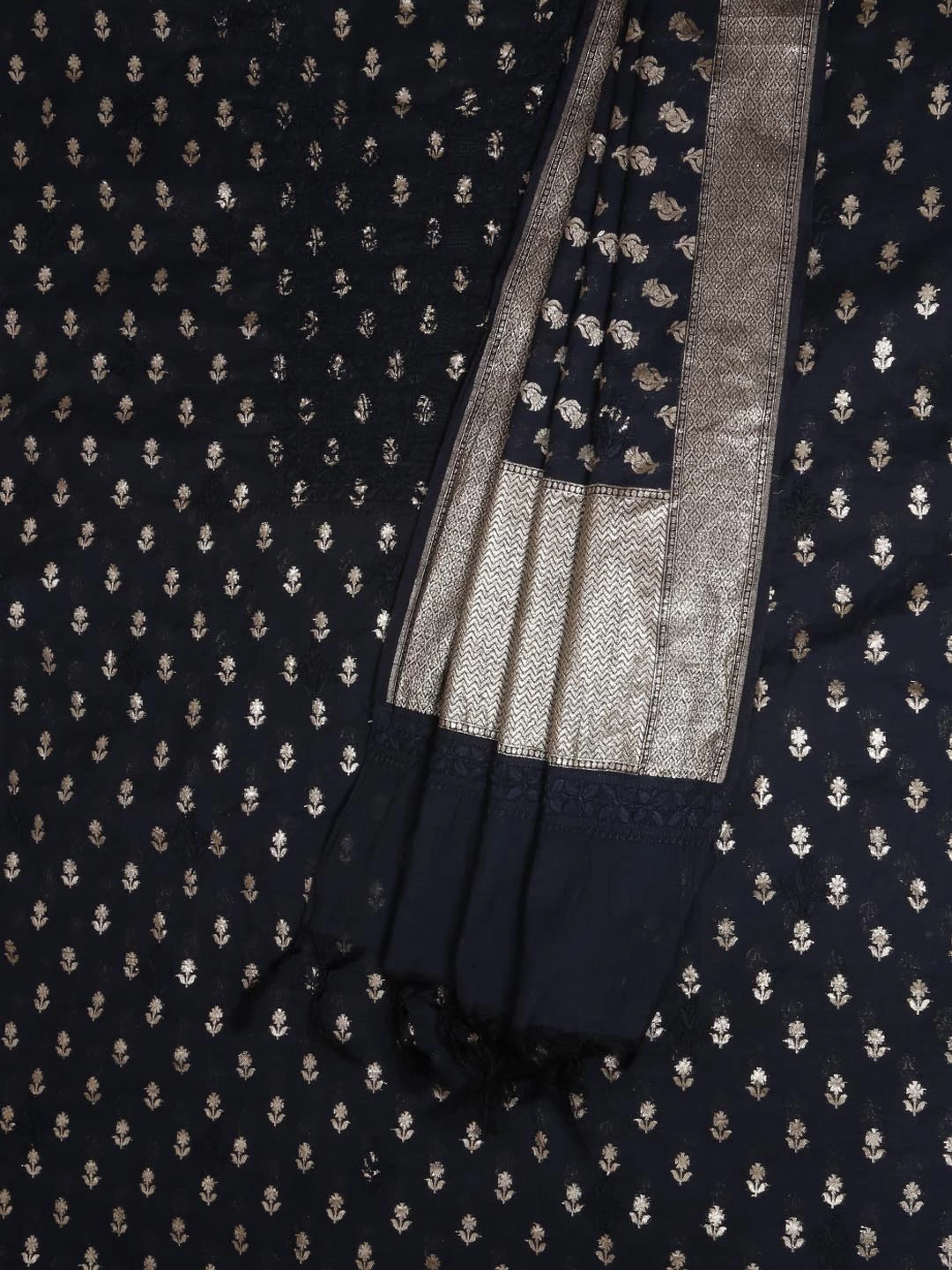 Ada Hand Embroidered Black Chanderi Lucknowi Chikankari Unstitched Kurta Dupatta Set With Zari Work 01A24455