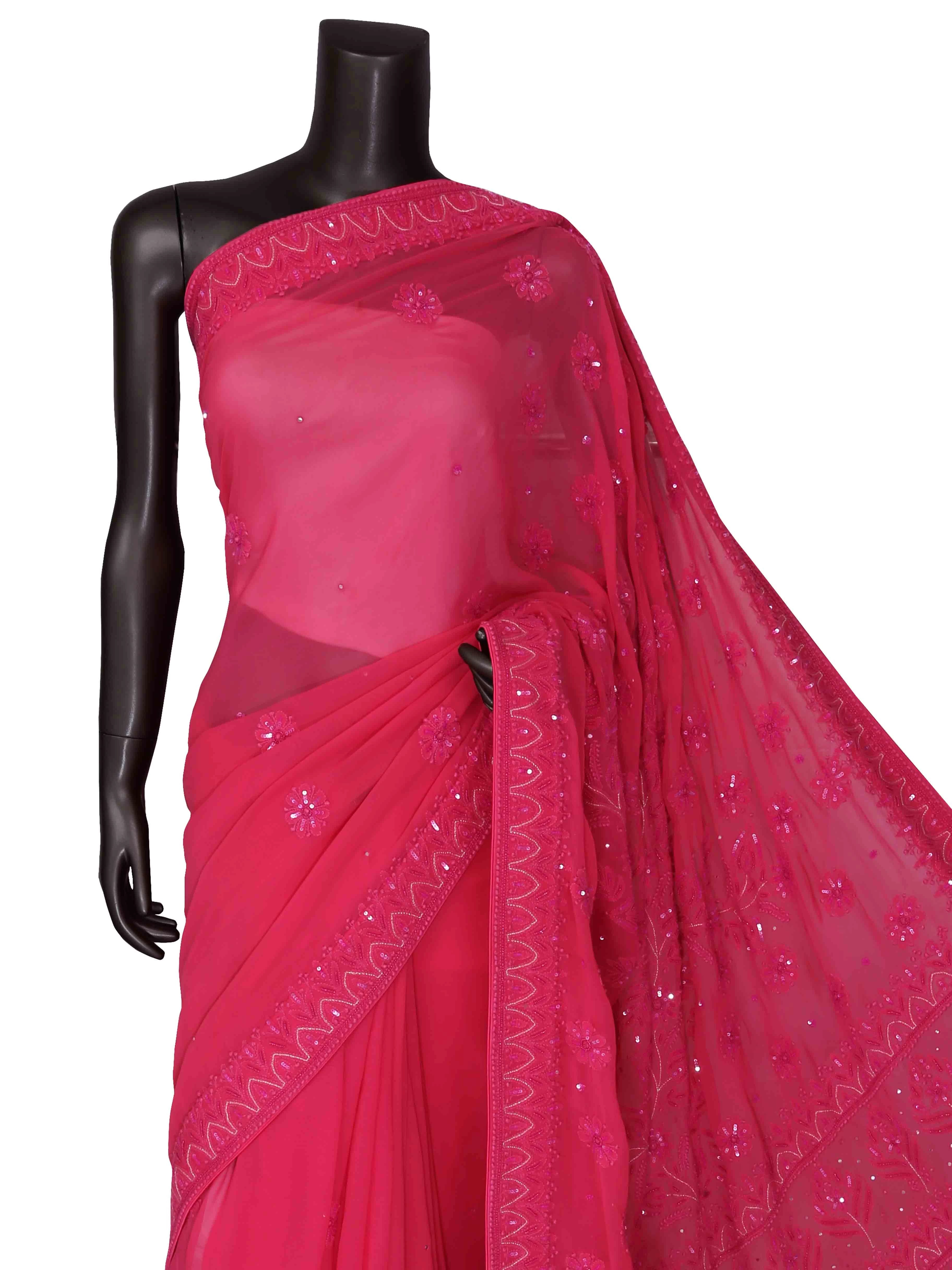 Ada Hand Embroidered Rose Pink Georgette Lucknow Chikankari Saree/Blouse With Pearl Work 01A316067