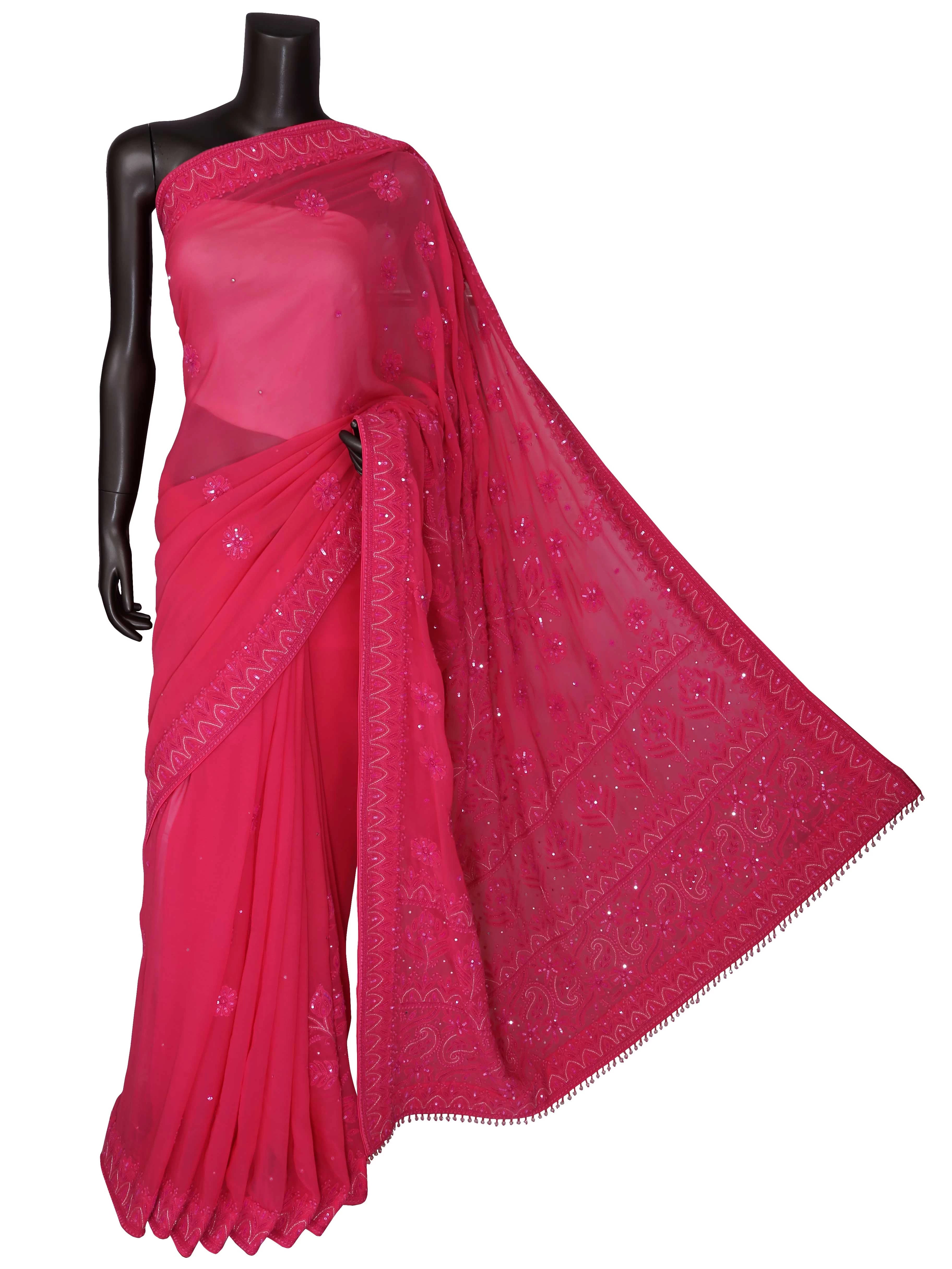 Ada Hand Embroidered Rose Pink Georgette Lucknow Chikankari Saree/Blouse With Pearl Work 01A316067