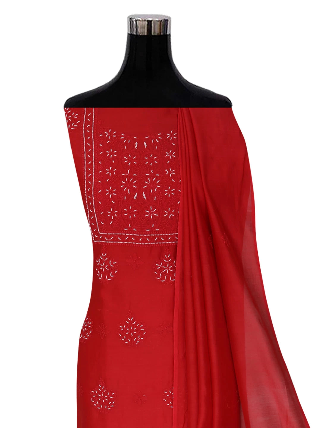 Ada Hand Embroidered Red Chanderi Lucknowi Chikankari Unstitched Kurta Dupatta Set with Pearl Work 01A299550