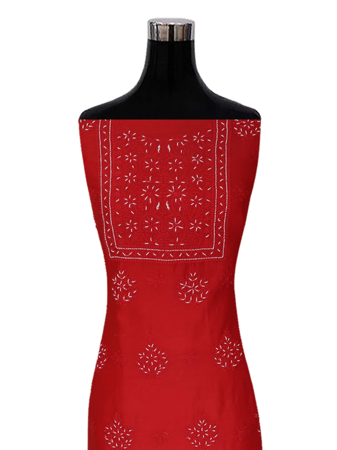 Ada Hand Embroidered Red Chanderi Lucknowi Chikankari Unstitched Kurta Dupatta Set with Pearl Work 01A299550
