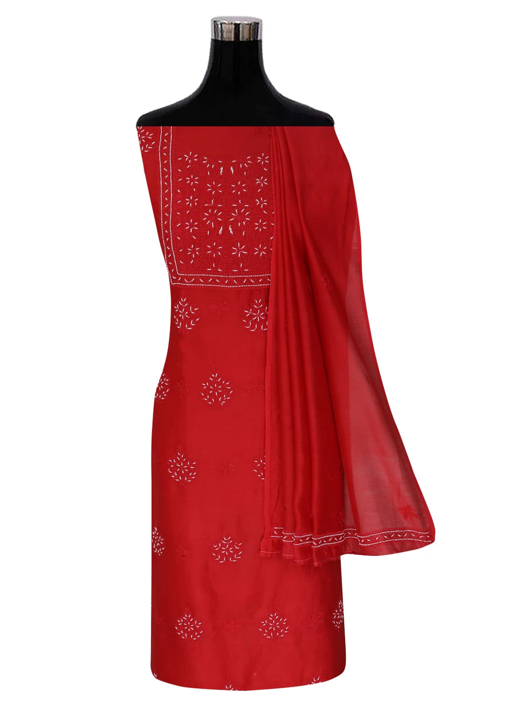 Ada Hand Embroidered Red Chanderi Lucknowi Chikankari Unstitched Kurta Dupatta Set with Pearl Work 01A299550