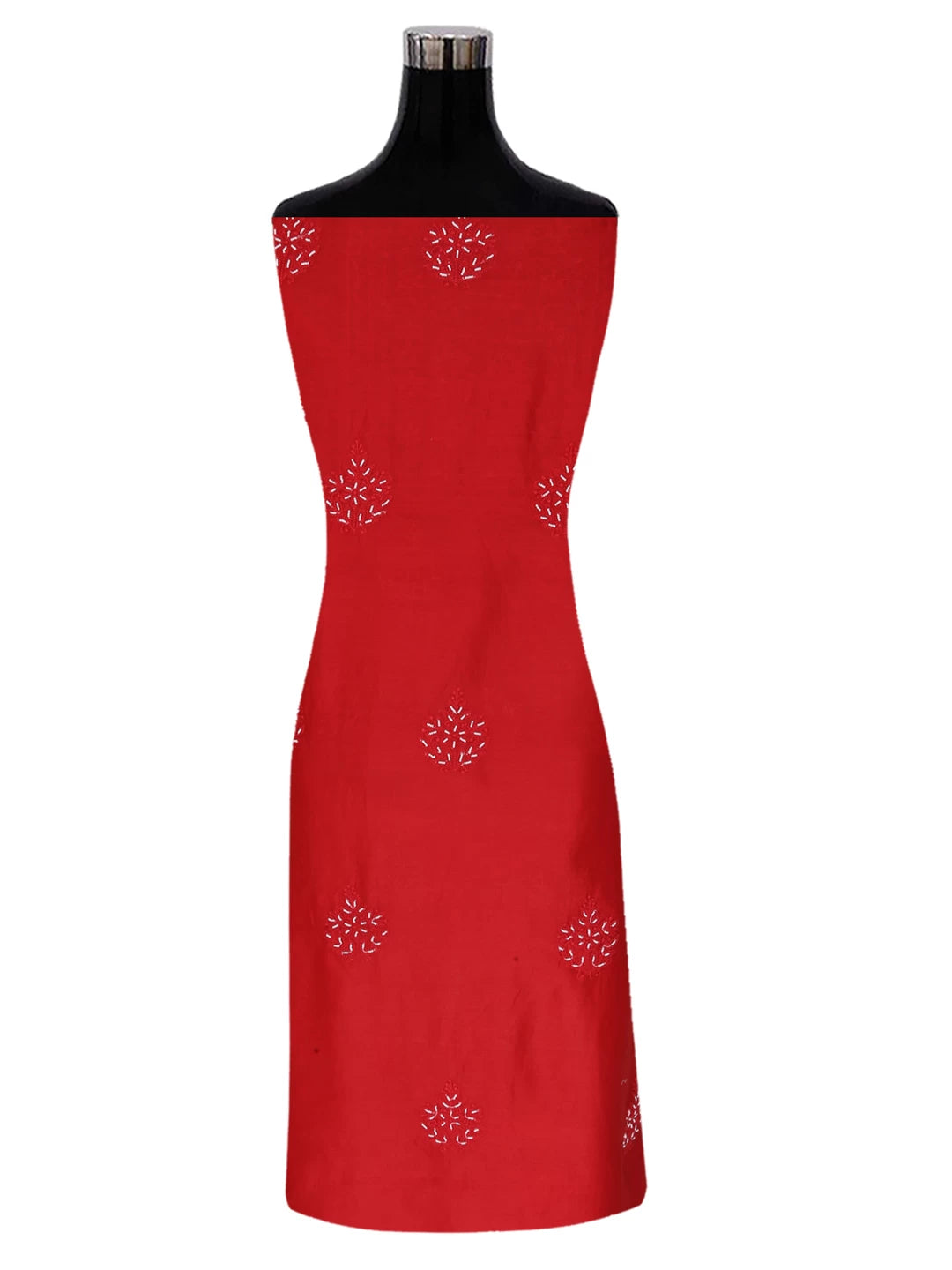 Ada Hand Embroidered Red Chanderi Lucknowi Chikankari Unstitched Kurta Dupatta Set with Pearl Work 01A299550
