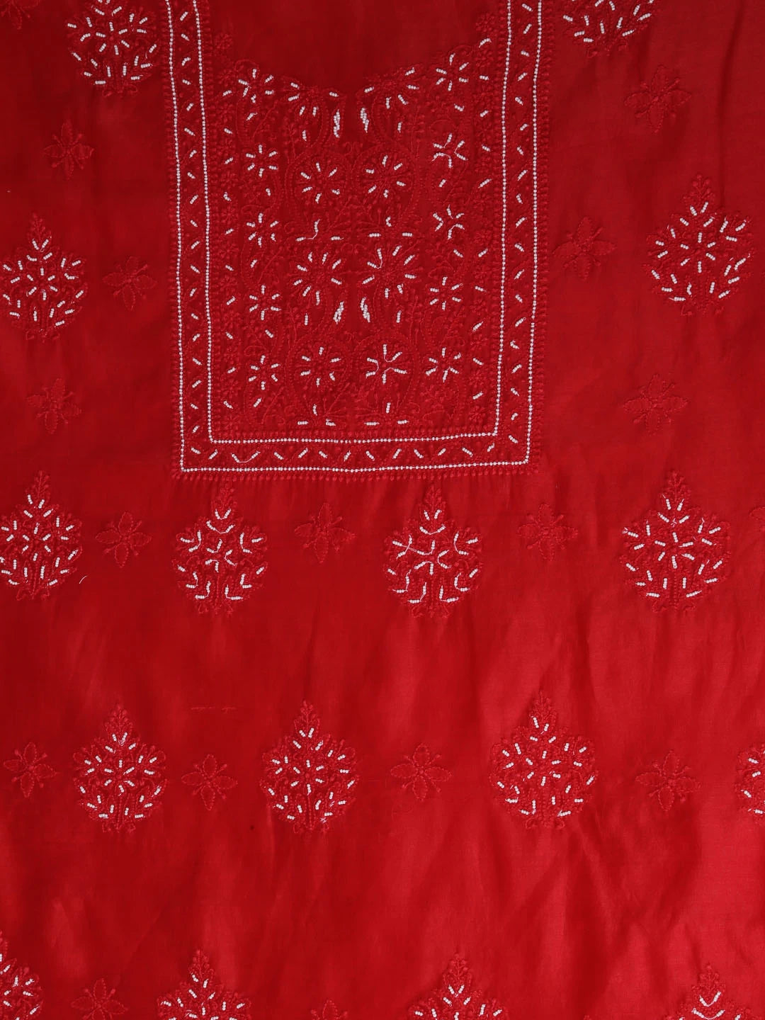 Ada Hand Embroidered Red Chanderi Lucknowi Chikankari Unstitched Kurta Dupatta Set with Pearl Work 01A299550