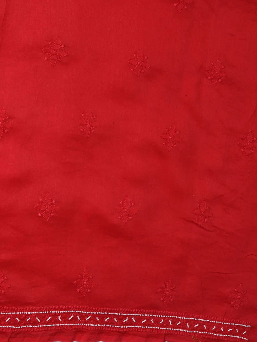 Ada Hand Embroidered Red Chanderi Lucknowi Chikankari Unstitched Kurta Dupatta Set with Pearl Work 01A299550