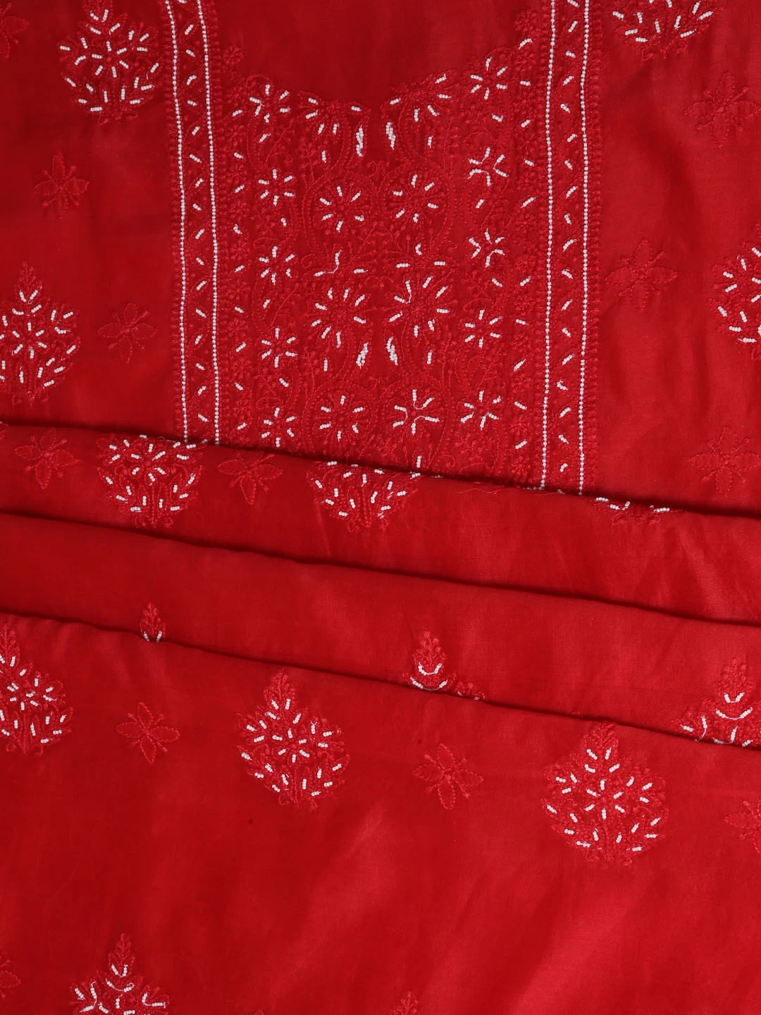 Ada Hand Embroidered Red Chanderi Lucknowi Chikankari Unstitched Kurta Dupatta Set with Pearl Work 01A299550