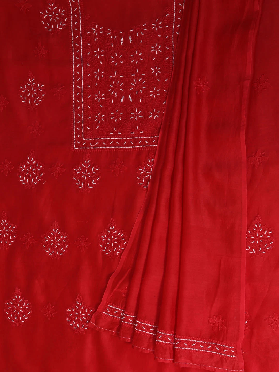 Ada Hand Embroidered Red Chanderi Lucknowi Chikankari Unstitched Kurta Dupatta Set with Pearl Work 01A299550