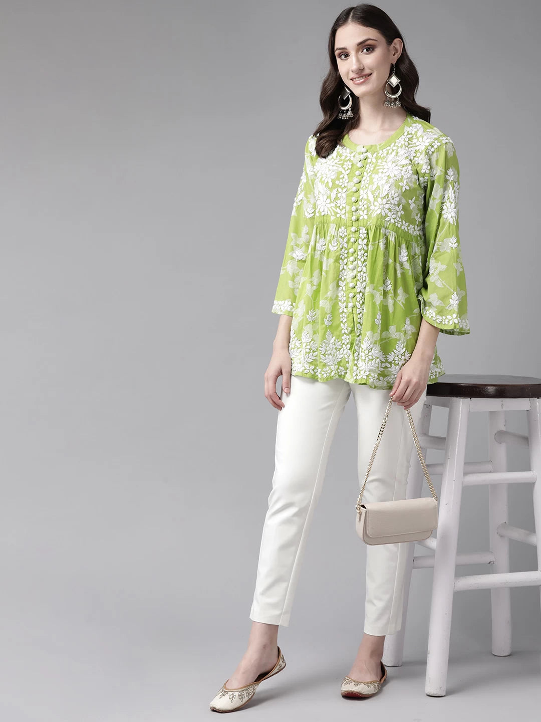 Ada Hand Embroidered Green Cotton Lucknowi Chikankari Kurti A911269