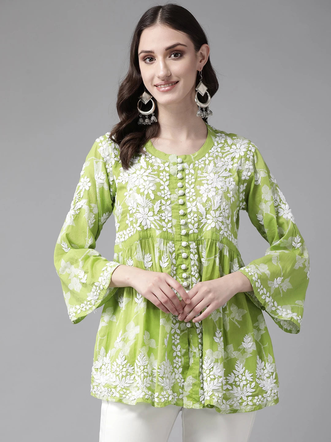 Ada Hand Embroidered Green Cotton Lucknowi Chikankari Kurti A911269