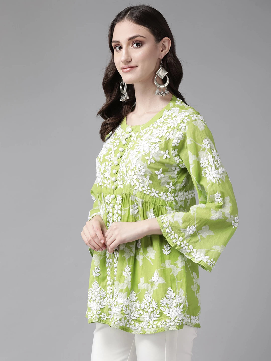 Ada Hand Embroidered Green Cotton Lucknowi Chikankari Kurti A911269