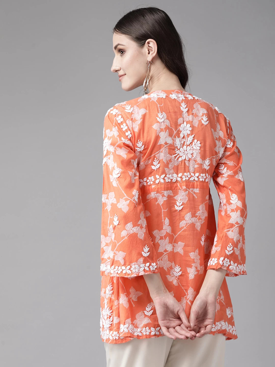 Ada Hand Embroidered Orange Cotton Lucknowi Chikankari Kurti A911267