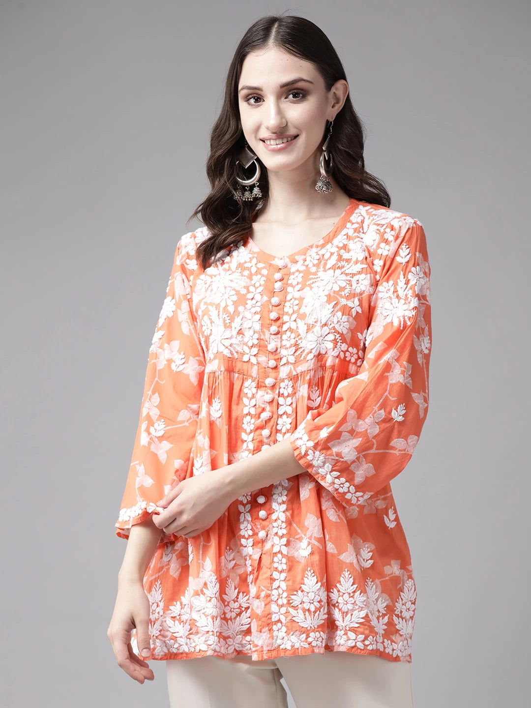 Ada Hand Embroidered Orange Cotton Lucknowi Chikankari Kurti A911267