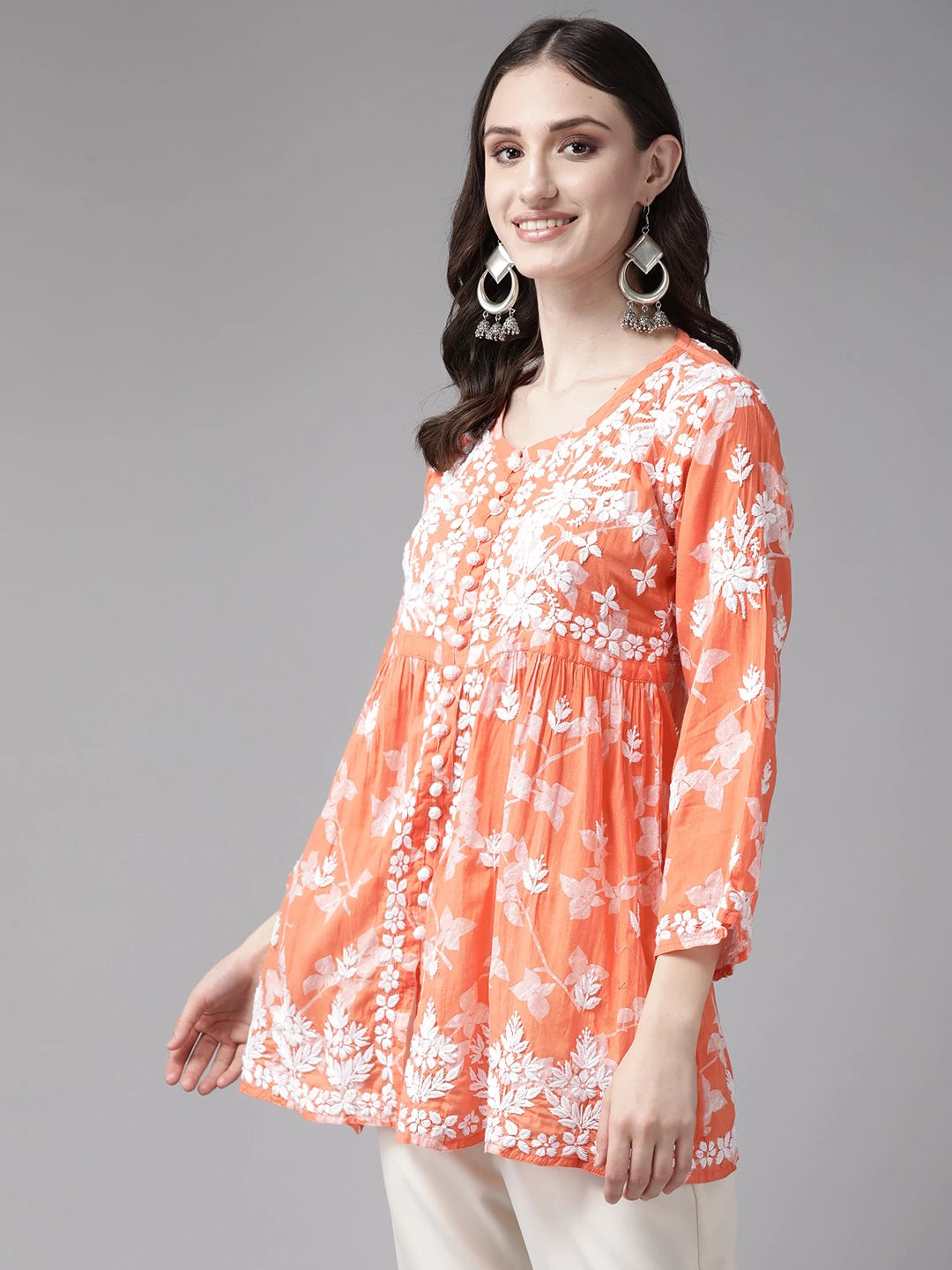 Ada Hand Embroidered Orange Cotton Lucknowi Chikankari Kurti A911267