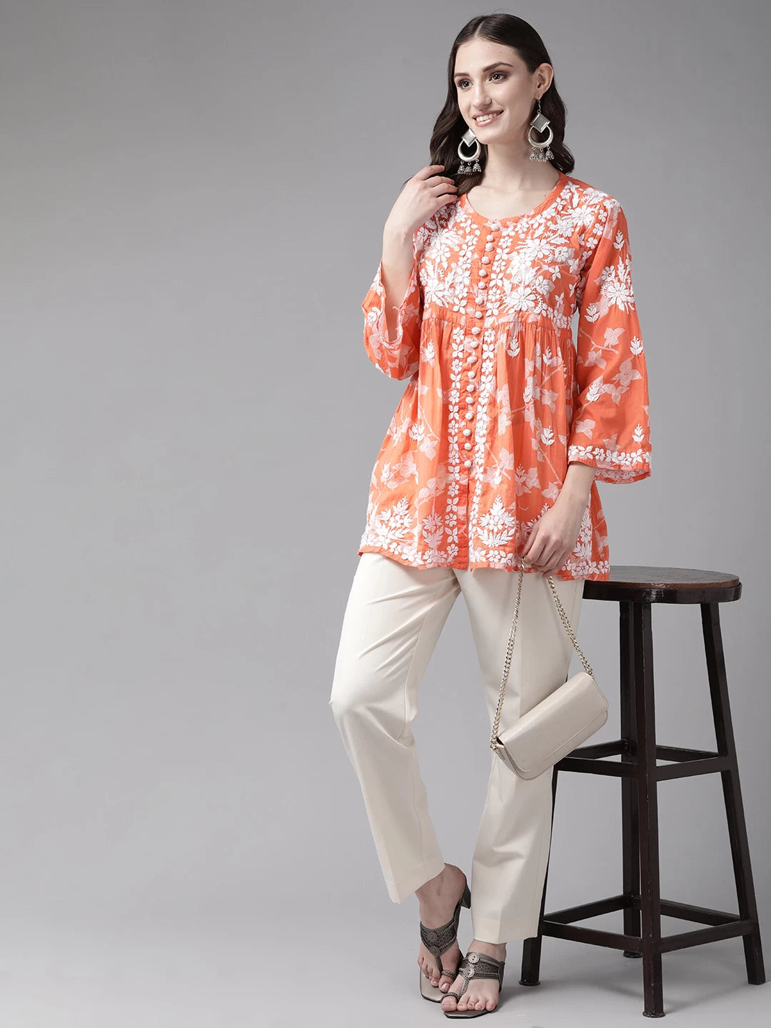 Ada Hand Embroidered Orange Cotton Lucknowi Chikankari Kurti A911267