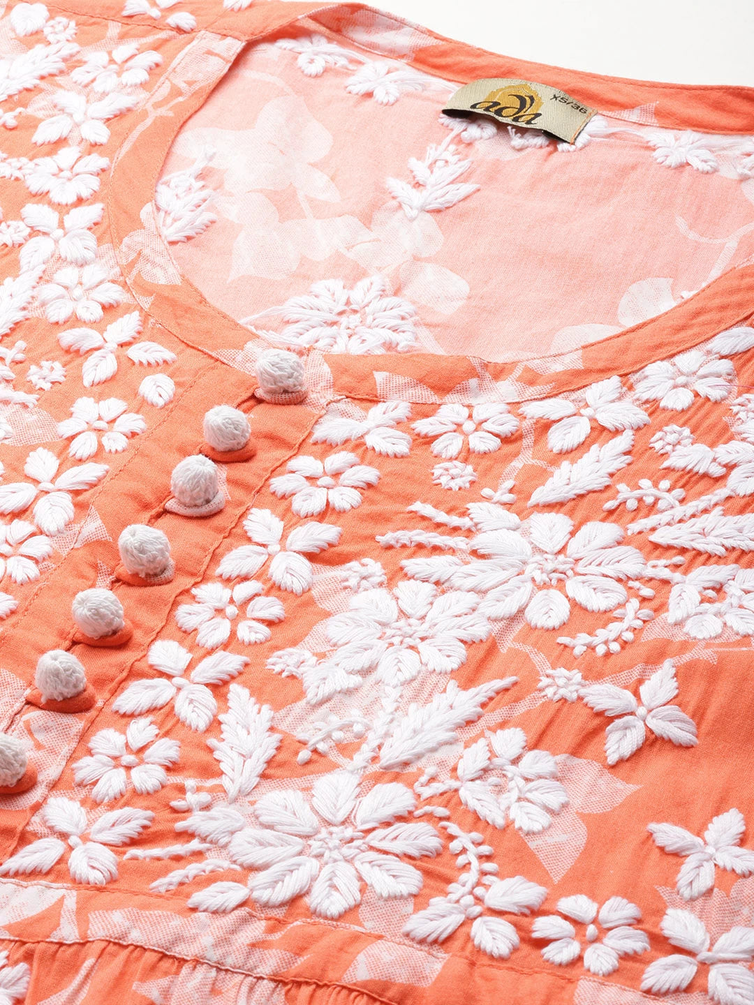 Ada Hand Embroidered Orange Cotton Lucknowi Chikankari Kurti A911267