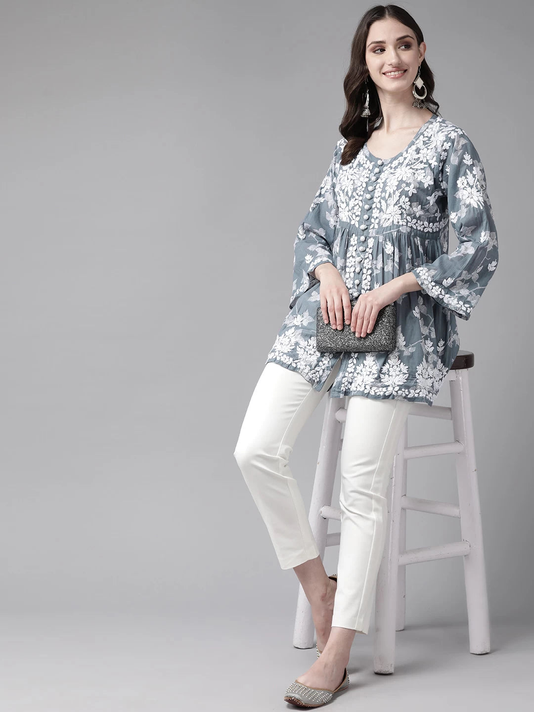 Ada Hand Embroidered Grey Cotton Lucknowi Chikankari Kurti A911265