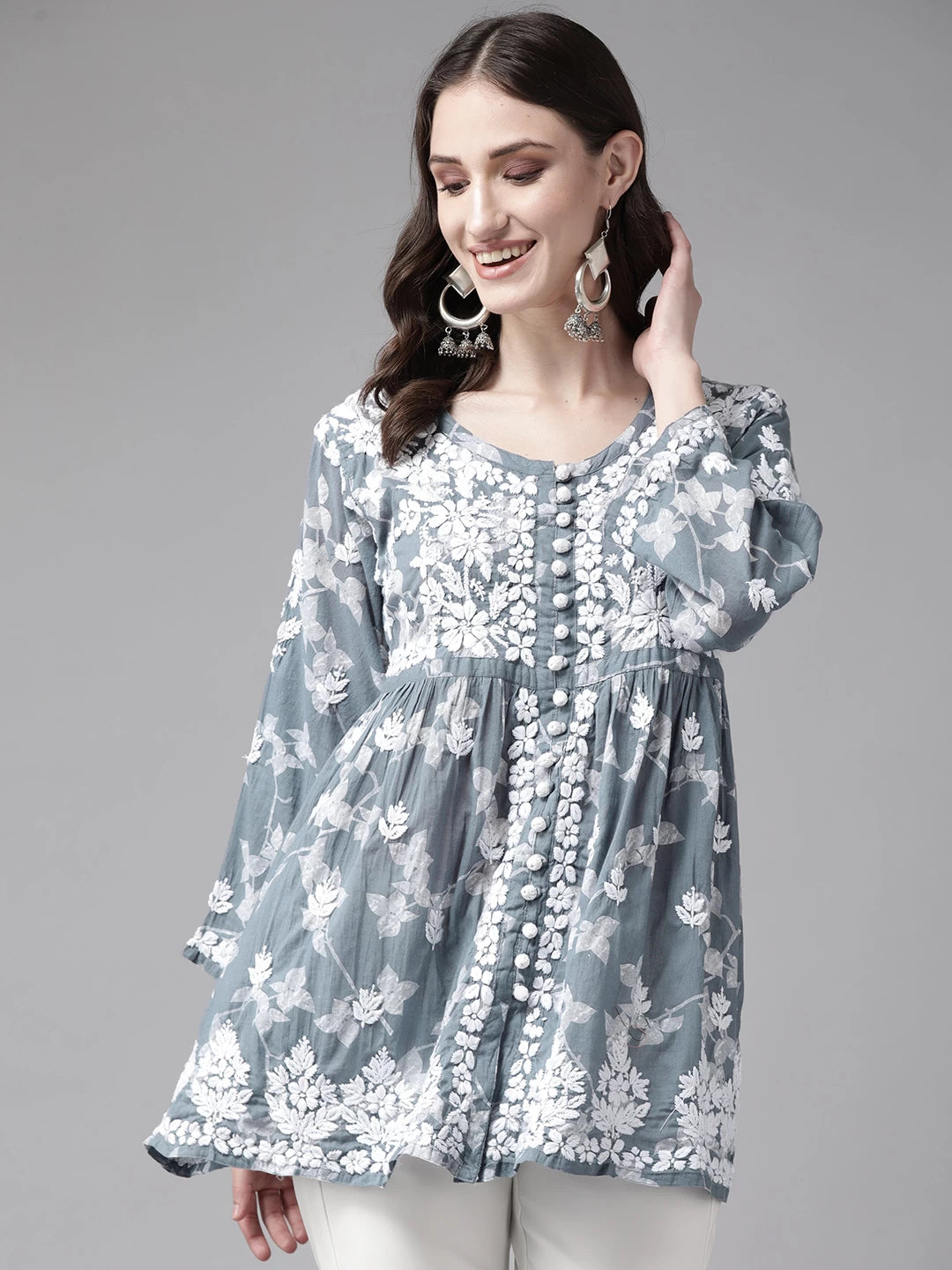 Ada Hand Embroidered Grey Cotton Lucknowi Chikankari Kurti A911265