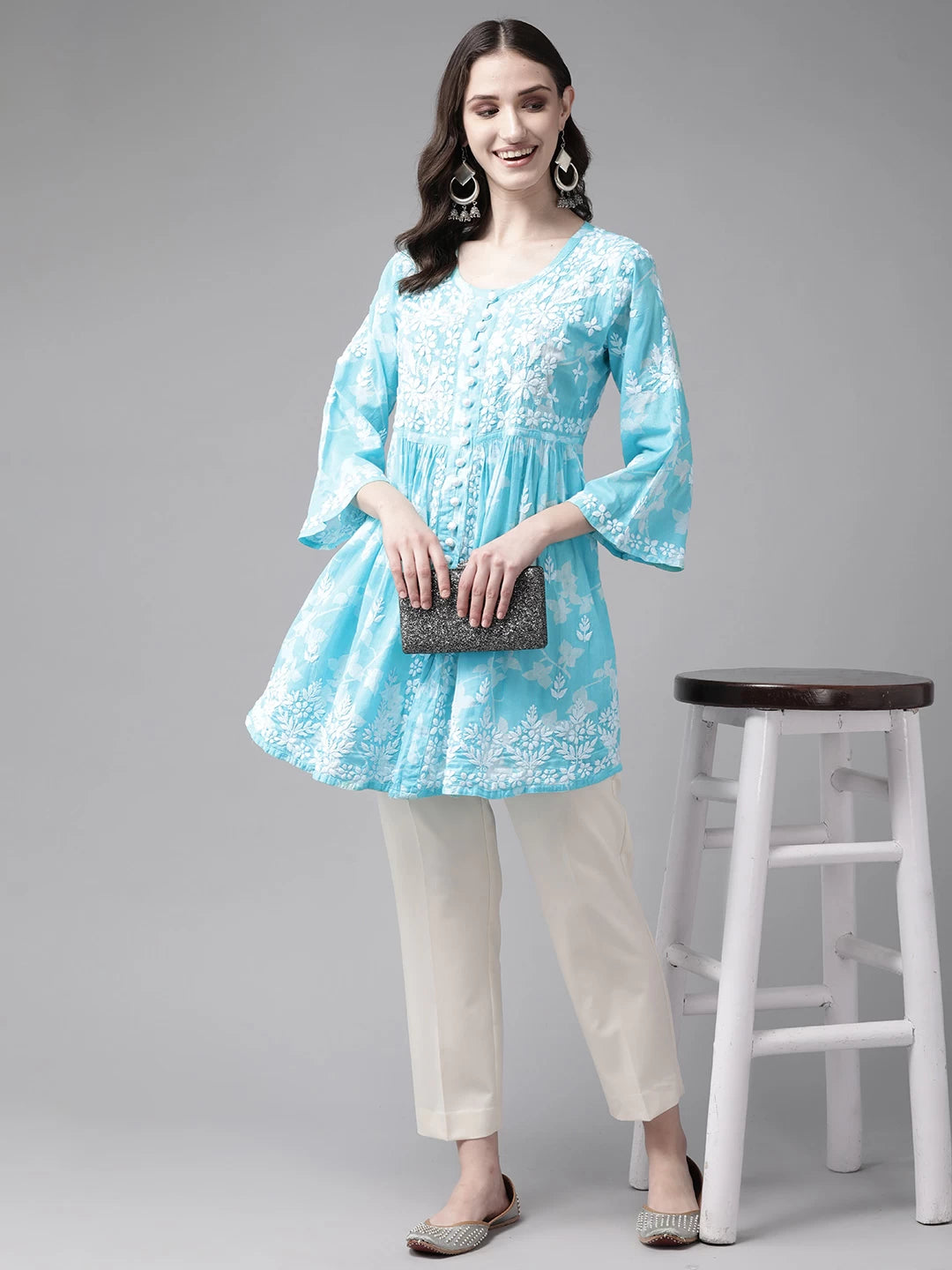 Ada Hand Embroidered Blue Cotton Lucknowi Chikankari Kurti A911268