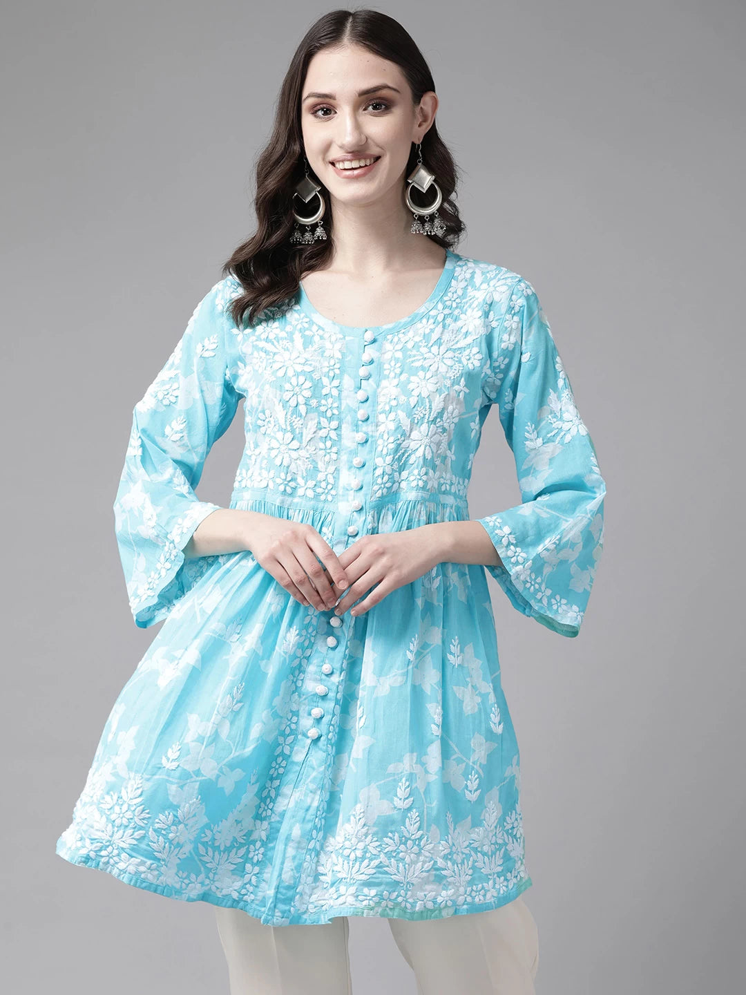 Ada Hand Embroidered Blue Cotton Lucknowi Chikankari Kurti A911268