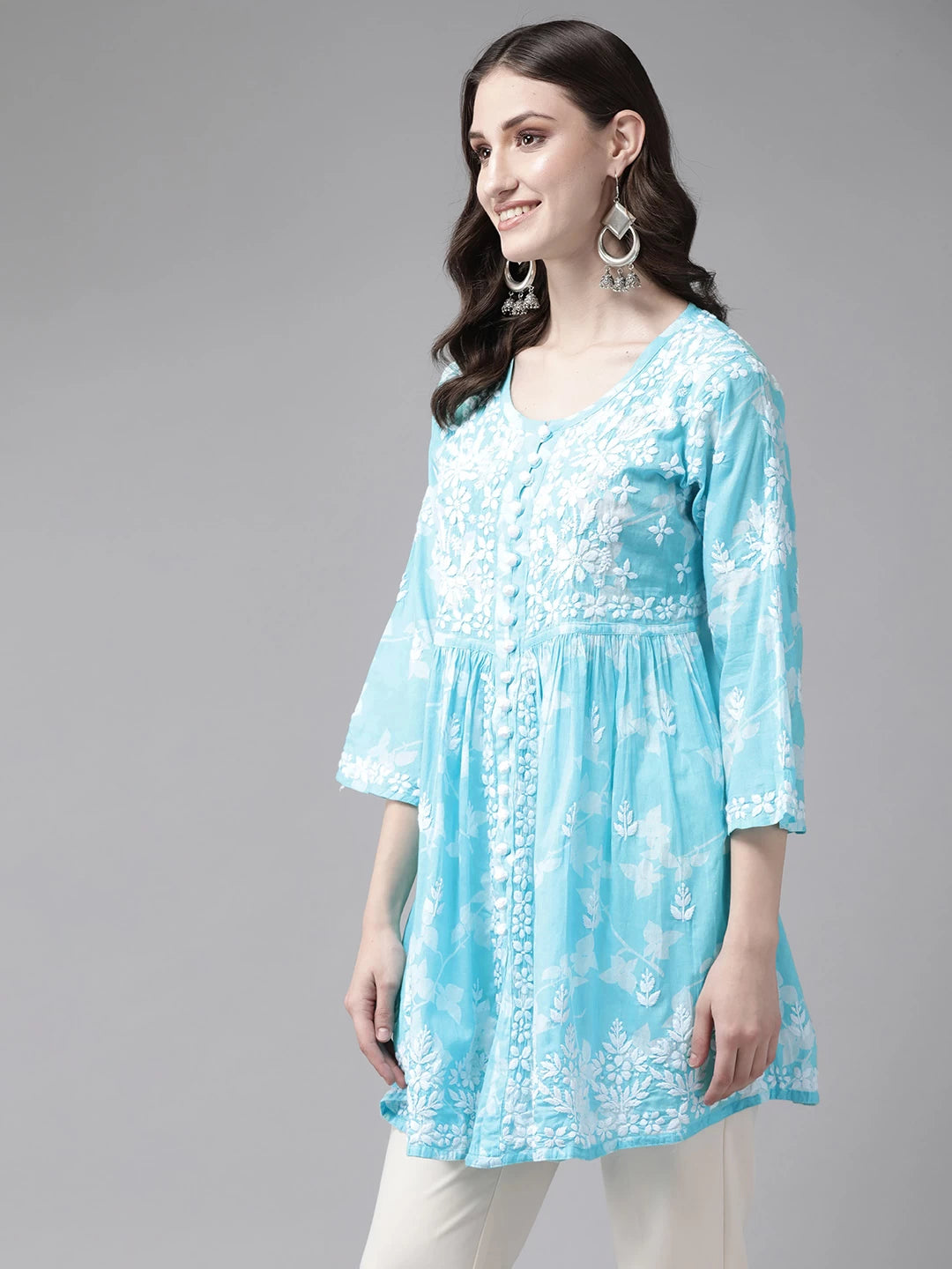 Ada Hand Embroidered Blue Cotton Lucknowi Chikankari Kurti A911268
