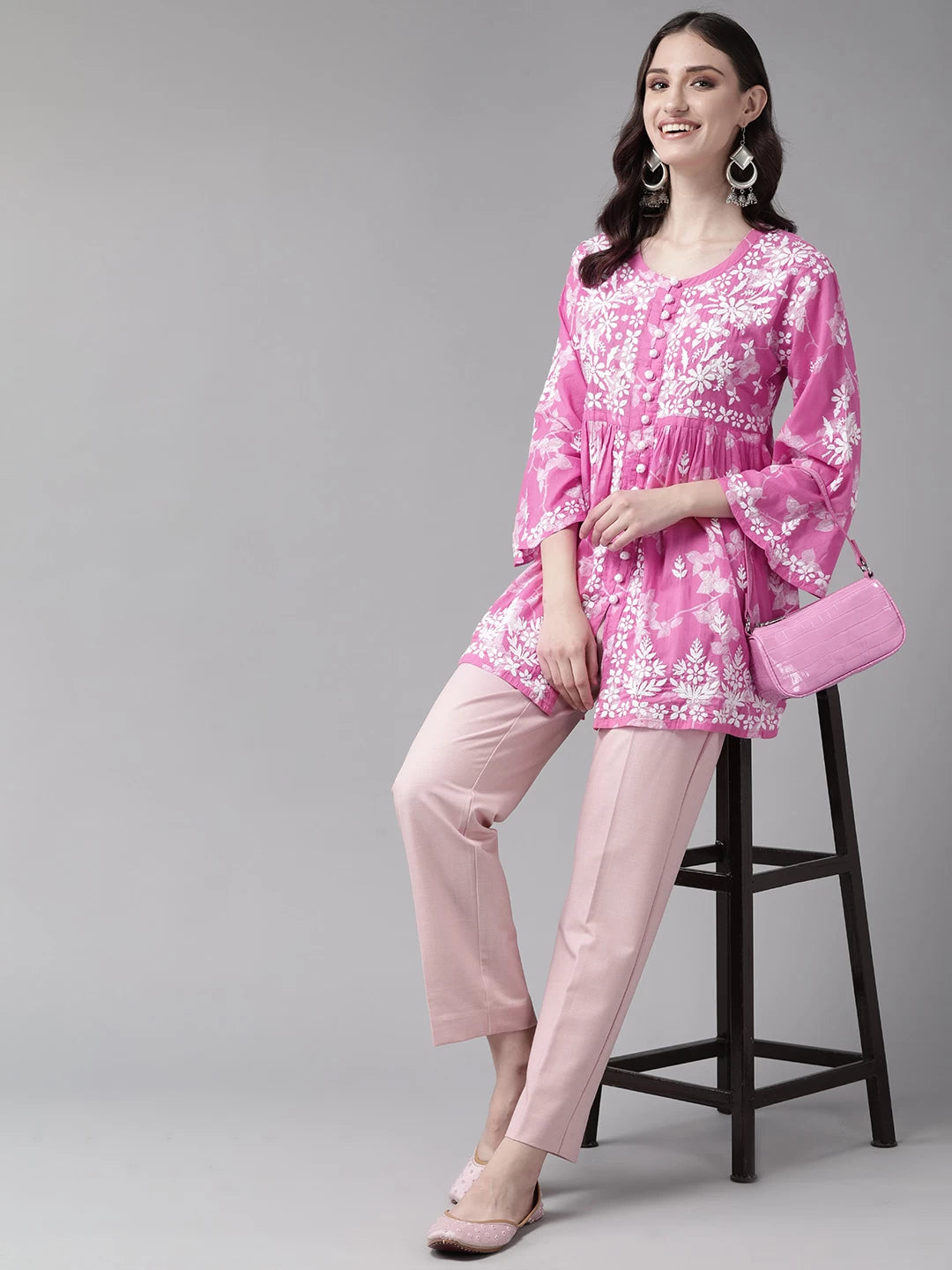 Ada Hand Embroidered Pink Cotton Lucknowi Chikankari Kurti A911266