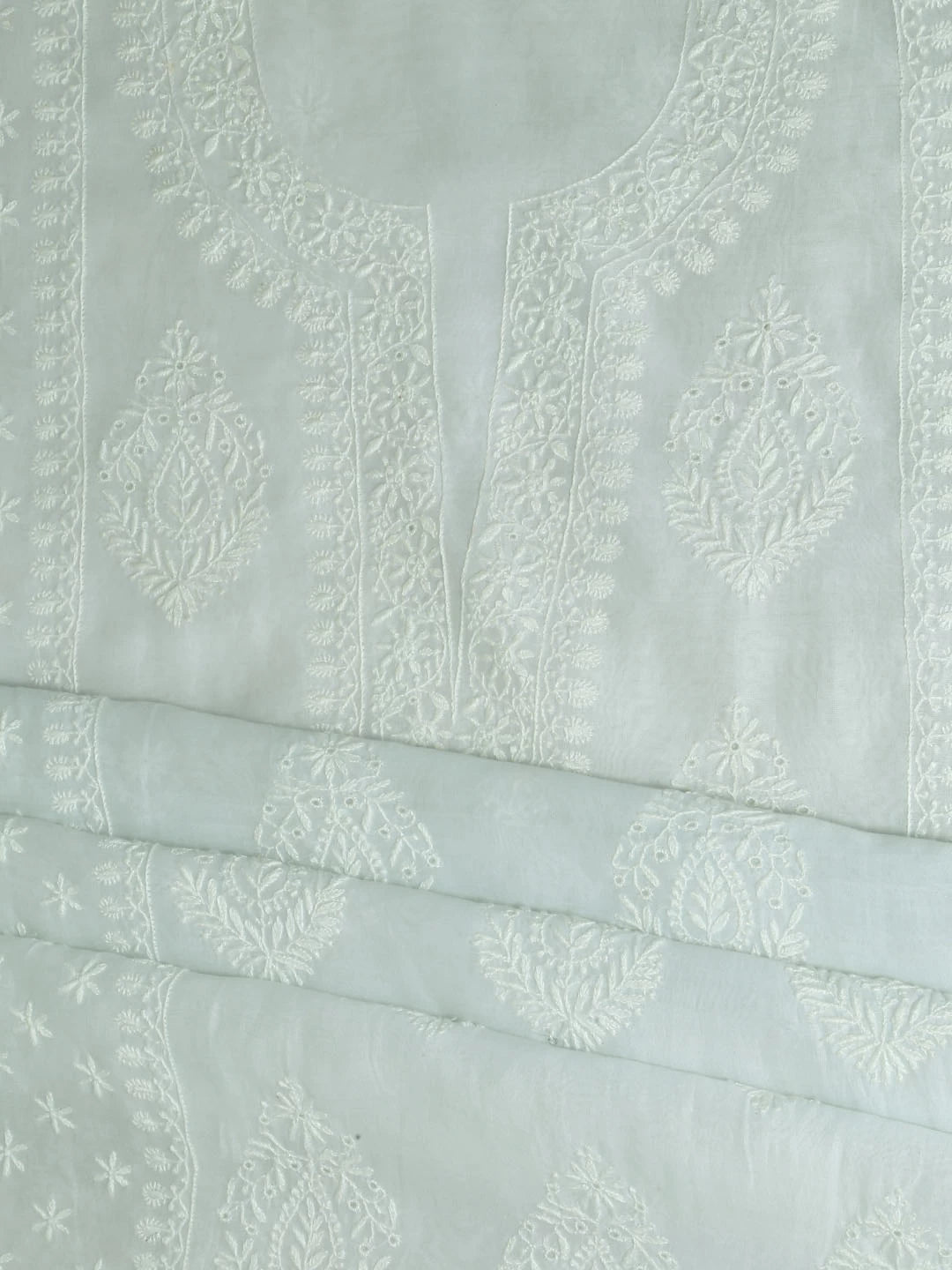 Ada Hand Embroidered Mint Green Chanderi Lucknowi Chikankari Unstitched Kurta Dupatta Set 01A245843