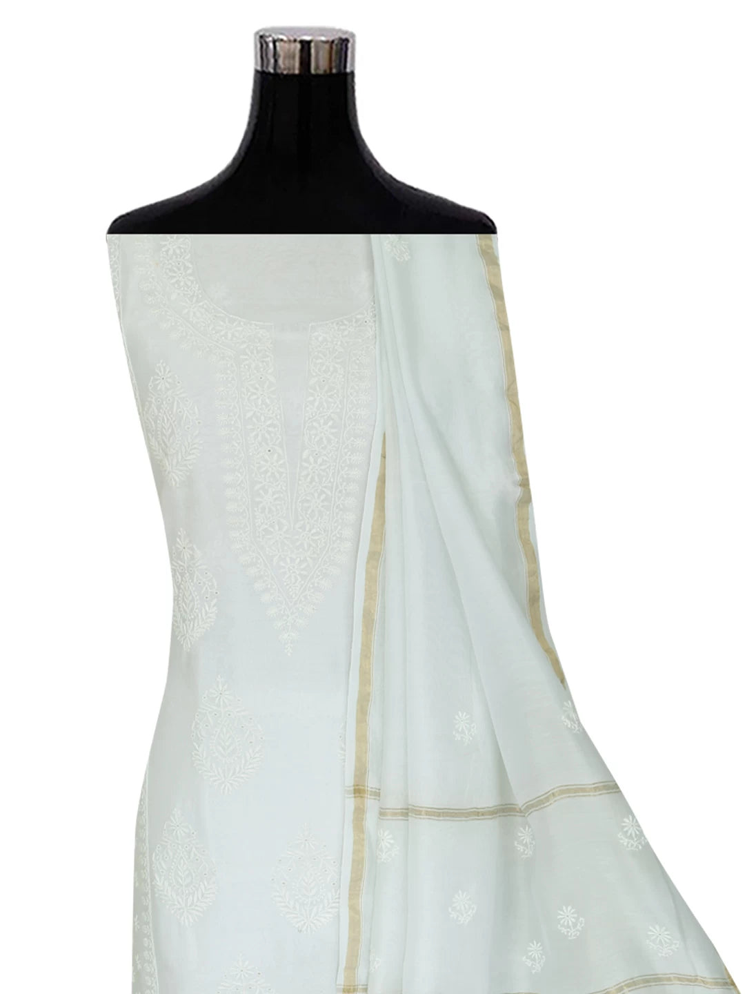 Ada Hand Embroidered Mint Green Chanderi Lucknowi Chikankari Unstitched Kurta Dupatta Set 01A245843