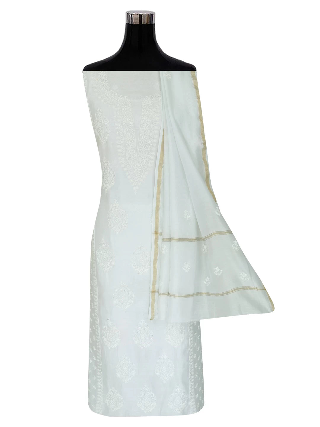 Ada Hand Embroidered Mint Green Chanderi Lucknowi Chikankari Unstitched Kurta Dupatta Set 01A245843
