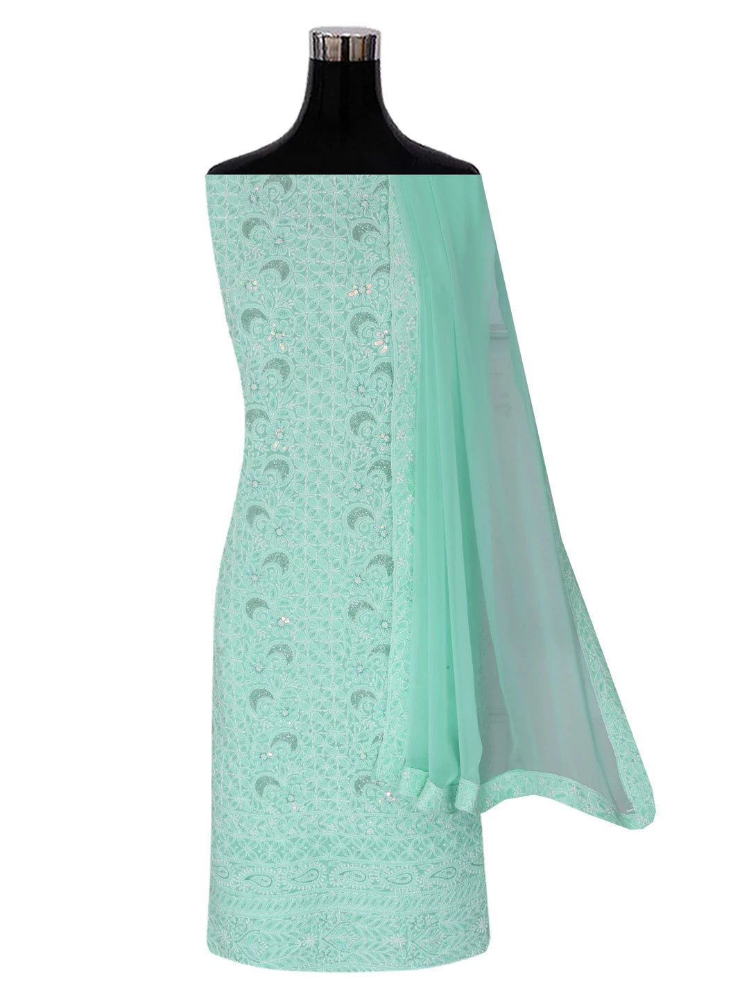 Ada Hand Embroidered Sea Green Cotton Lucknowi Chikankari Unstitched Suit Piece With Cutdana Work 01A388884