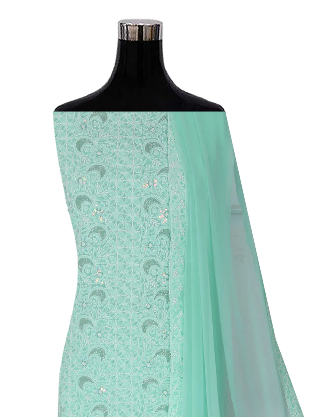 Ada Hand Embroidered Sea Green Cotton Lucknowi Chikankari Unstitched Suit Piece With Cutdana Work 01A388884