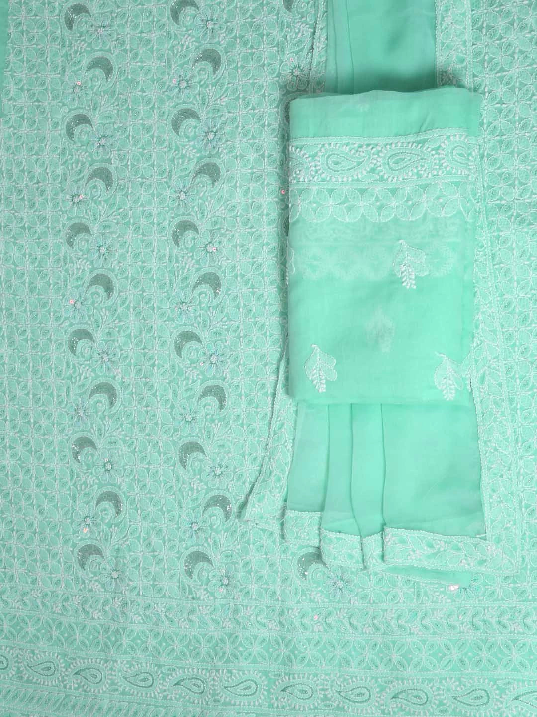 Ada Hand Embroidered Sea Green Cotton Lucknowi Chikankari Unstitched Suit Piece With Cutdana Work 01A388884