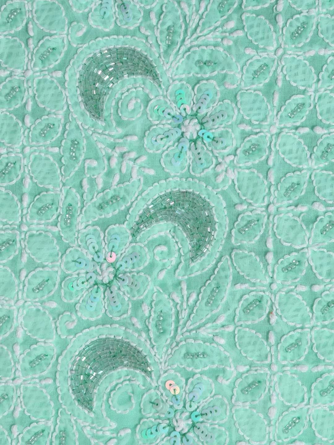 Ada Hand Embroidered Sea Green Cotton Lucknowi Chikankari Unstitched Suit Piece With Cutdana Work 01A388884