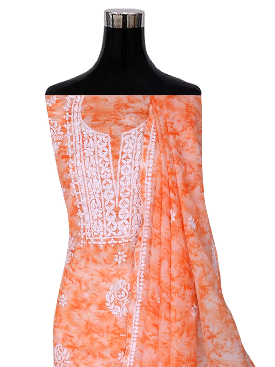 Ada Hand Embroidered Peach Kota Lucknowi Chikankari Unstitched Kurta Dupatta Set 01A389472