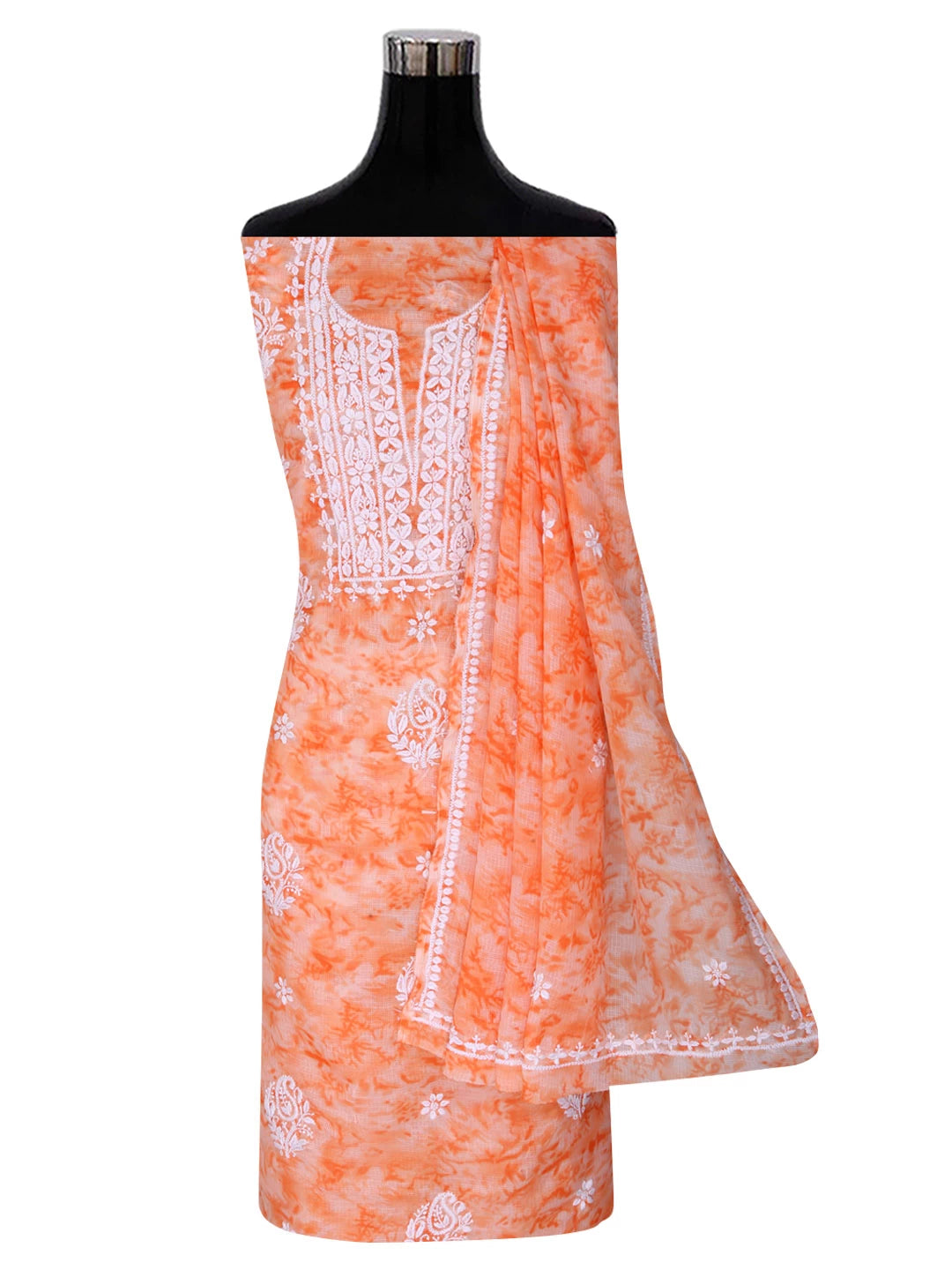Ada Hand Embroidered Peach Kota Lucknowi Chikankari Unstitched Kurta Dupatta Set 01A389472