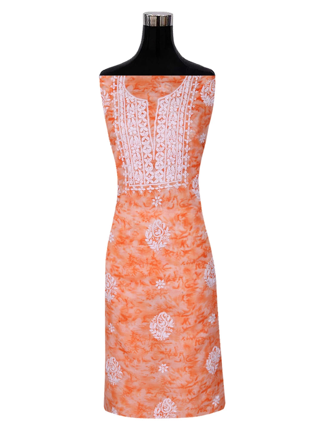 Ada Hand Embroidered Peach Kota Lucknowi Chikankari Unstitched Kurta Dupatta Set 01A389472