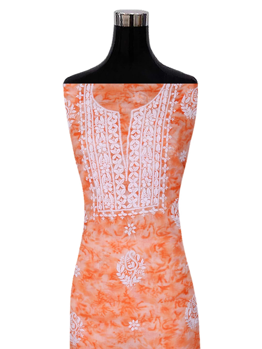 Ada Hand Embroidered Peach Kota Lucknowi Chikankari Unstitched Kurta Dupatta Set 01A389472